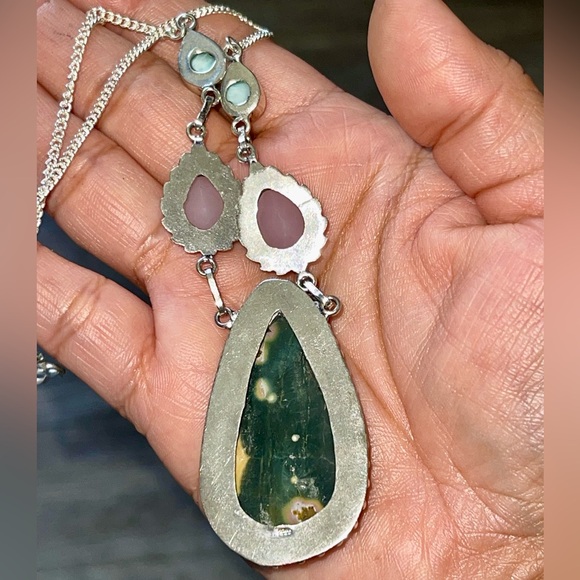 Rainforest Jasper, Chalcedony & DR Larimar Pendant Necklace - Picture 5 of 12